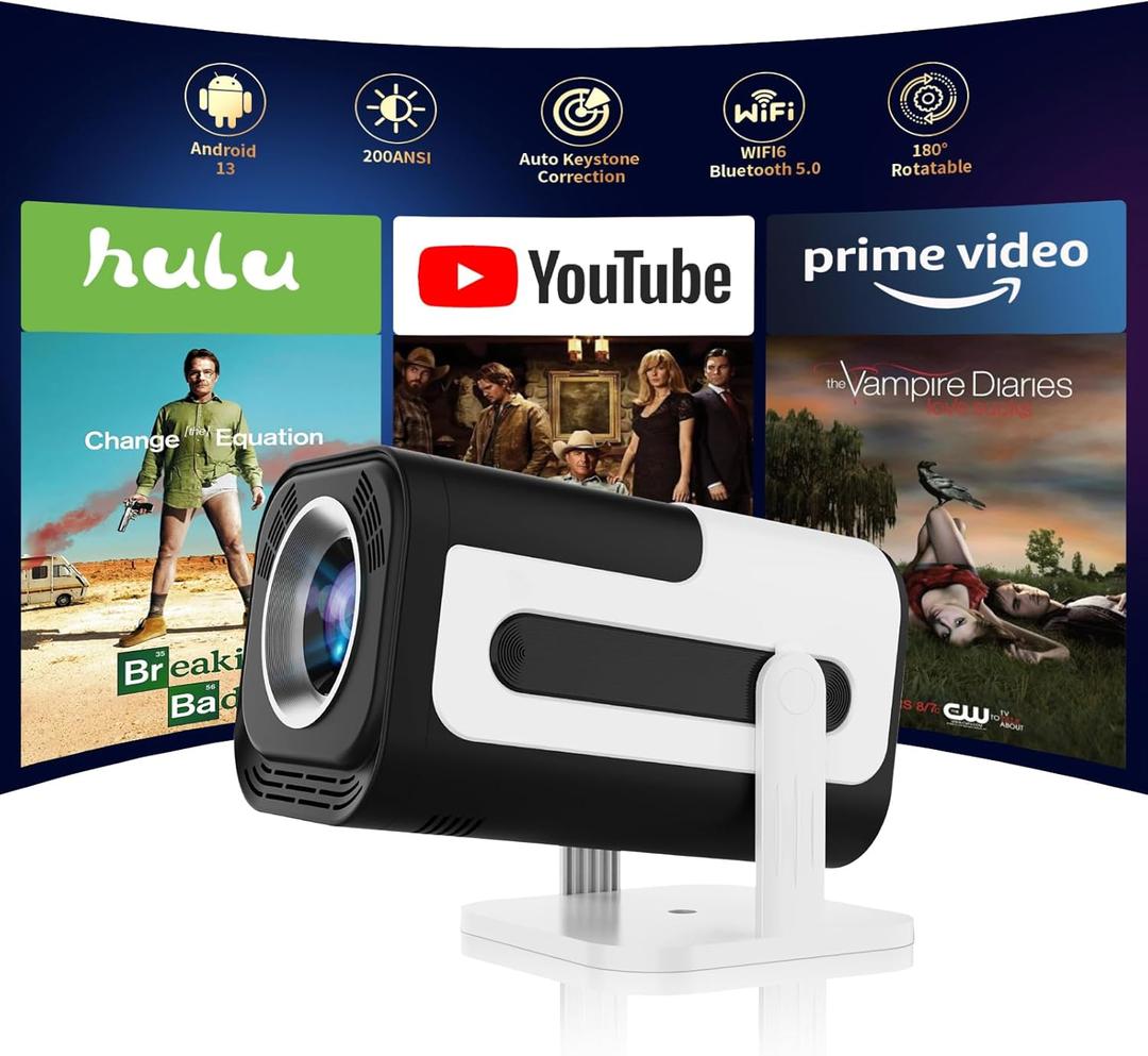 Ear&Ear Mini Projector, HY320 Portable Projector, Support 4K 1080P with Dual-Band WIFI6 5G Wireless 5.0 Bluetooth Android 11, 180 Rotatable, Auto Keystone Correction, 40"-130" Screen Video Projector