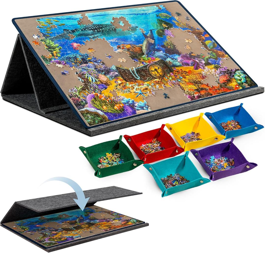 Becko US 1000 Piece Tilting Puzzle Board with 6 Trays & Cover, Adjustable Puzzle Table with Stand/Easel, Portable & Lightweight Mat for Puzzle Storage, for 1000 Pieces Jigsaw Puzzles (Gray)