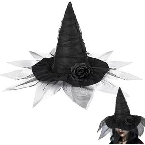 Halloween Witch Hat for Women, Elegant Witch Costume Accessory with Veil & Rose, Gothic Wizard Hats for Halloween Parties