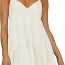 Womens V Neck Crisscross Backless Dresses Tie Back Sleeveless Ruffle Hem Flowy Swing A-Line Vintage Summer Mini Dress (White, S)