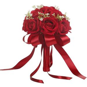 Wedding Bouquet Bride Flower Bridal Bouquets, Ribbon Artificial Rose Wedding Bouquets for Bride Bridesmaid Bouquet Dark Red Rose Bouquet Bride Bridesmaid Holding Flower for Wedding Decor