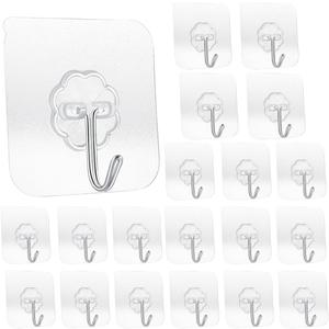 20 Pack Transparent Adhesive Hooks 33 lb(Max) 15KG Waterproof and Oilproof Reusable Seamless Hooks Heavy Duty Wall Hook for Kitchen Bathroom Office