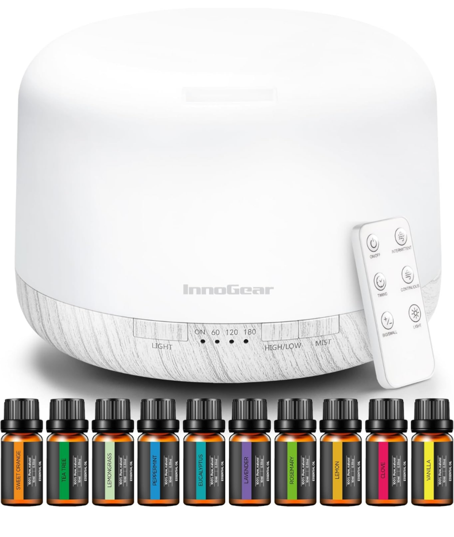 InnoGear Aromatherapy Diffuser & 10 Essential Oils Set, 500ml Essential Oil Diffuser with Remote Control Ultrasonic Cool Mist Scent Humidifier Vaporizer Auto-Off Timer for Room Office Home, White