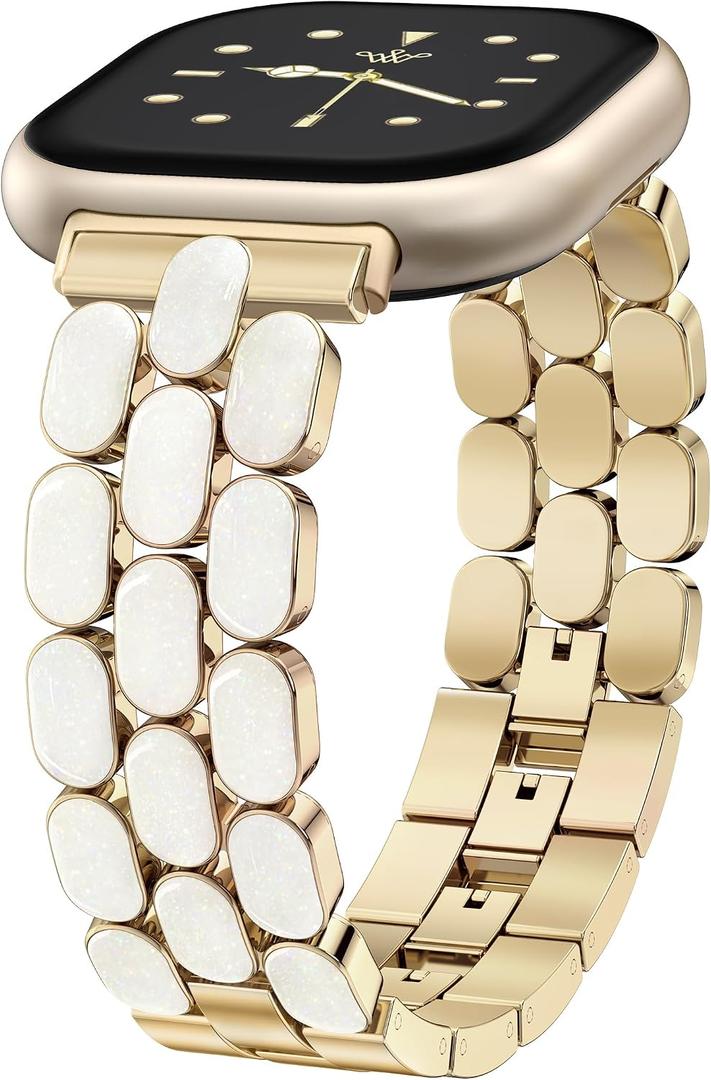 Wearlizer Resin Metal Band Compatible with Fitbit Versa 4 Bands for Women/Sense 2/Sense/Versa 3, Jewelry-Style Dressy Bracelet with No-Tool Adjustment, Elegant Lightweight Strap for Work & Daily