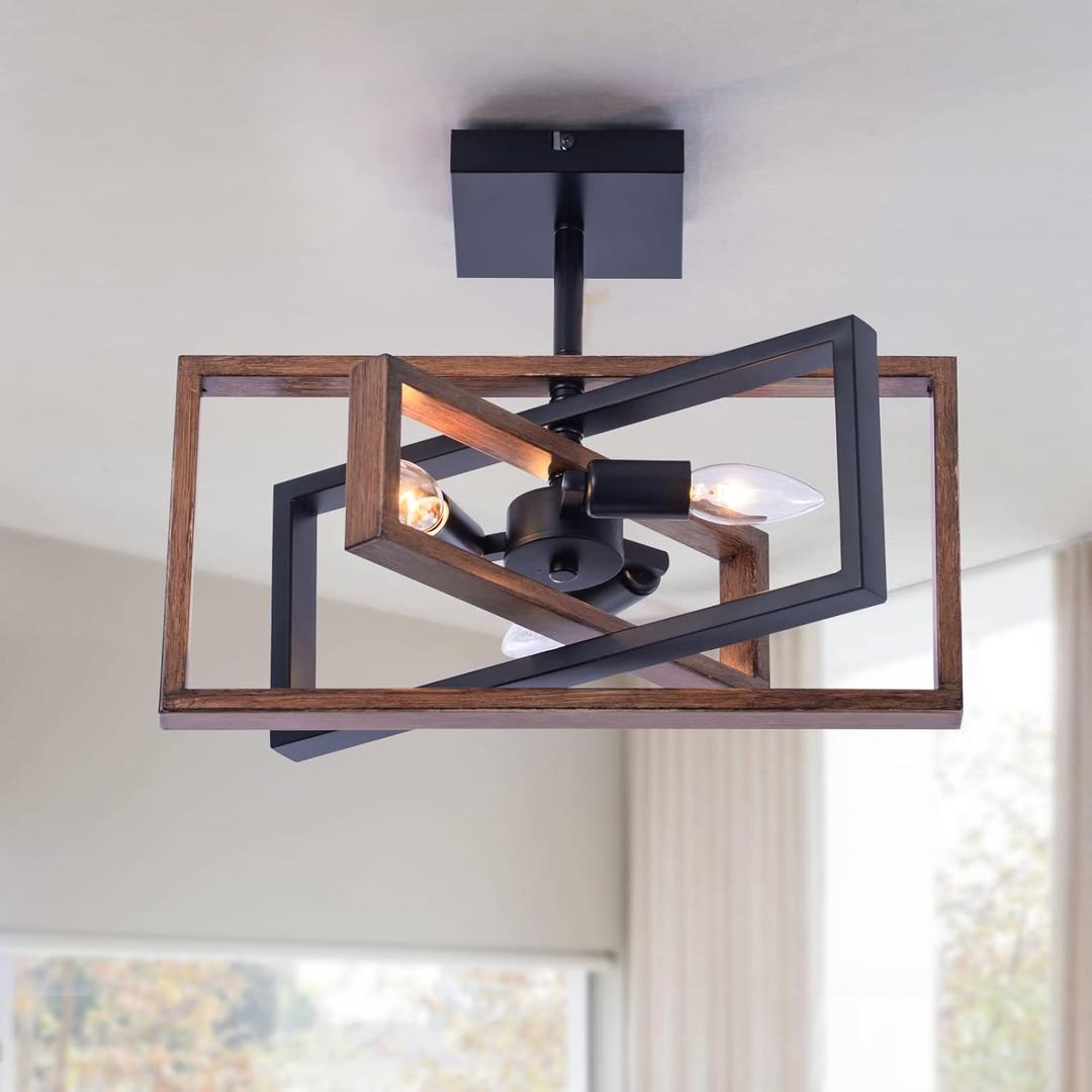 Industrial Rectangle Flush Mount Ceiling Light,Rotatable Metal Frame,Rustic Retro Vintage Farmhouse Light Fixture for Dining Living Room Bedroom Passway Kitchen Hallway Entryway,Faux-Wood Color Finish