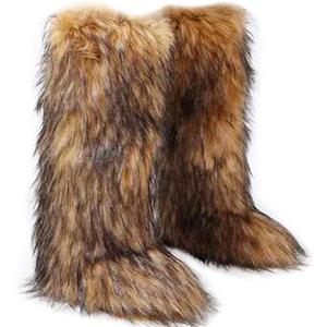 Tall Furry Faux Fur Boots for Women,Winter Snow Fluffy Long Boots for Girls,Knee-High Flat (Brown)