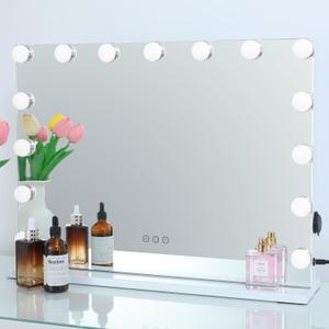 Hollywood Vanity Makeup Mirror with Lights 15 DIMMABLE lED Bulbs 3 Color Lighting Modes Lighted Makeup Mirror with USB Port Make up Mirror with Touch Control Tabletop or Wall-Mounted White