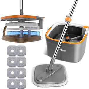 Mop and Bucket Set, Spin Mop with Separate Dirty Water System, Deep-Cleaning Mops for Floors, Versatile Mops for Walls (8 Pad)