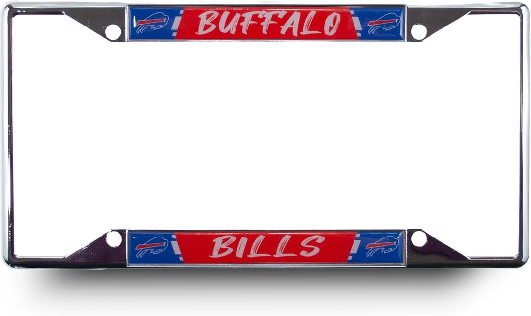 Buffalo Bills NFL Premium Chrome Zinc Alloy Team License Plate Frame - 4 Screw Tag Holder with Mordern Style Lettering - Chrome Background and Team Colors Complement Any Color Truck, SUV, Car