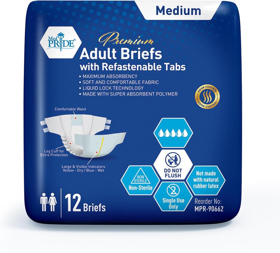 MED PRIDE Maximum Absorbency Adult Briefs for Incontinence with Refastenable Tabs - Ultra-Absorbent Adult Diapers for Men & Women- Bladder Control Unisex Disposable Underwear (Medium - Bag of 12)
