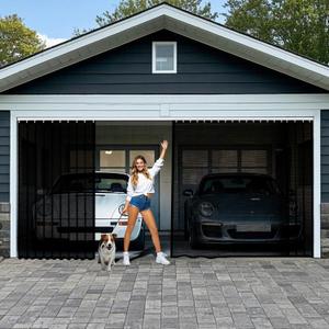 Sliding Garage Door Screen 2 Car With Track Closure, 16x7 Ft Garage Net Screen Retractable Privacy Curtain Keep Annoying Animals Out Easy Assembly Fiberglass Mesh Screen Door for 2 Car Garage
