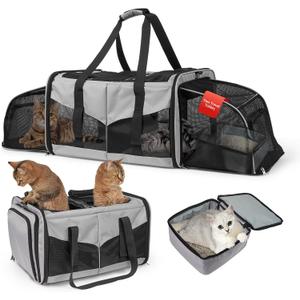 Expandable Cat Carrier for 2 Cats, Double Compartment Large Pet Carrier for Long Distance Car Travel, Includes 2 Portable Litter Boxes, Foldable Multi-Cat Travel for Road Trips & Camping, Gray