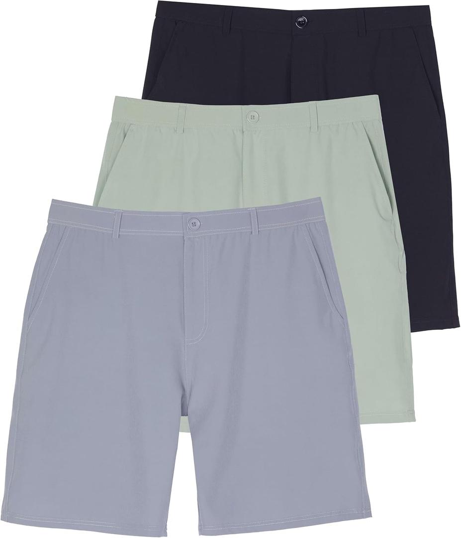 Real Essentials 3 Pack: Mens 9" Stretch Golf Shorts with Pockets - Flat Front Casual Work Dress Short for Men (X-Large, Set 7)
