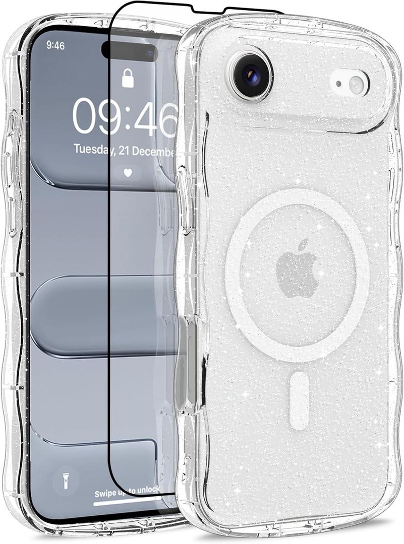 MOWIME Magnetic Case for iPhone Air [Compatible with Magsafe] [Cute Wave Glitter Design] [1 Screen Protector] Slim Soft TPU Clear Bling Case for iPhone Air 6.5" 2025, Clear