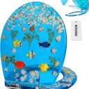 Angol Shiold Resin Toilet Seat Round Soft Close Quick Release 3D Effects Heavy Duty Toilet Seats with Blue Fish Seashells Cover Acrylic Seats Ocean Series (Round 17inch, Blue,Upgraded hinge)