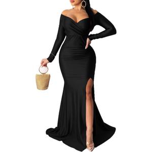 Vakkest Women's Off Shoulder Prom Evening Gowns Sexy High Split Maxi Dress Long Sleeve Cocktail Wedding Guest Dresses (Floor Black)