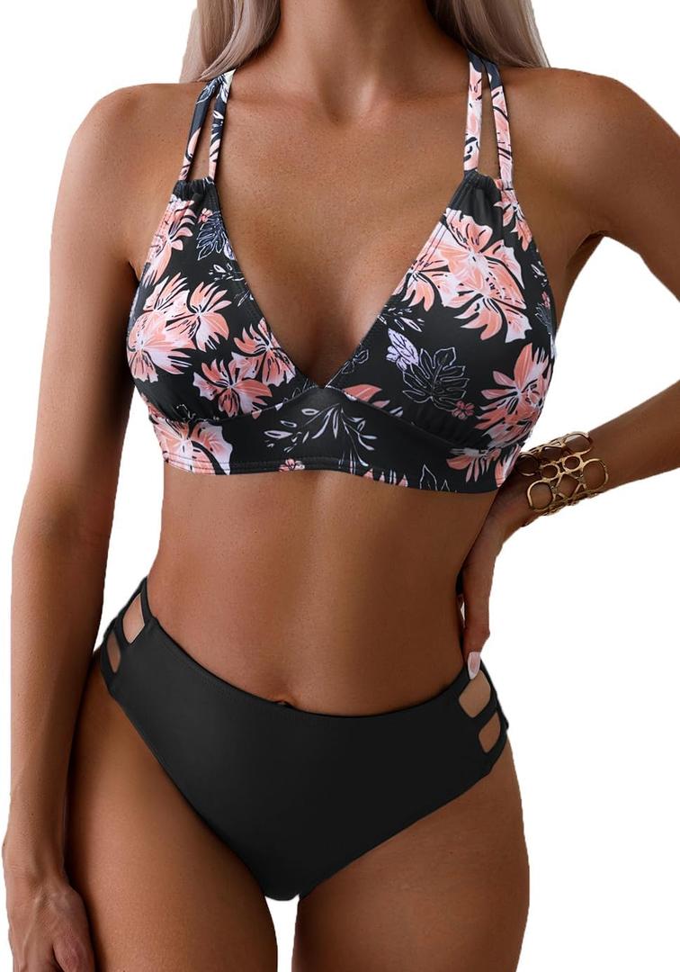Fanuerg Women's Sexy V Neck Bikini Sets Hollow Out Two Piece Swimsuits Cutout Mid Waist Bathing Suit (Large, Black Floral)