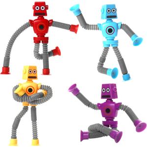 Robot Pop Tube Suction Cup Toys 4PCS, Easter Basket Stuffer Gift for Kid Toddlers Boy Year Old Age 3 4 5 6 7 8, Small Telescopic Fidget Toys for Travel & Airplane Activities Autistic