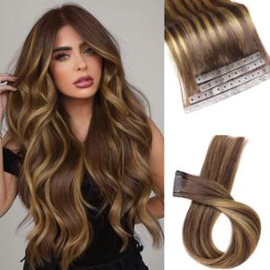 Human Hair Extensions T4/27 Highlight Honey Blonde Remy Human Hair Extensions with Holes Invisible PU Tape in Hair Extension Glueless Hair Extension for Women (35g 4Pcs,20 Inch)