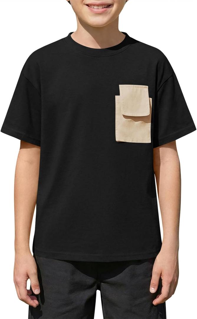 Boys Short Sleeve T Shirts Kids Fashion Crewneck Casual Tees Tops with Flap Chest Pocket 5-14 Years (Black)