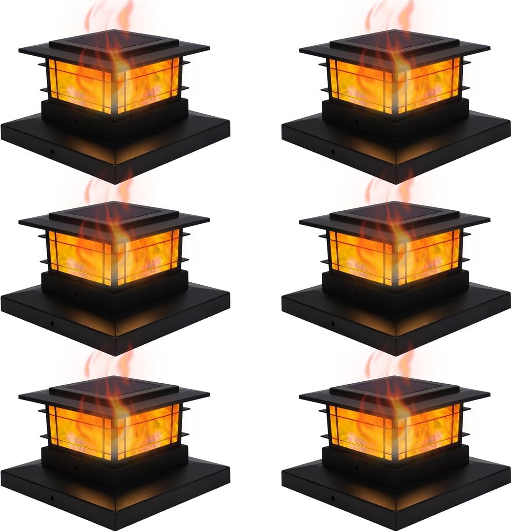 Dynaming 6 Pack Solar Post Cap Lights Outdoor with Flickering Flame Light, Fence Post Solar Lights Fit for 4x4 5x5 6x6 Vinyl/Wooden Posts, High Brightness SMD LED Lighting Decor for Garden Deck Patio