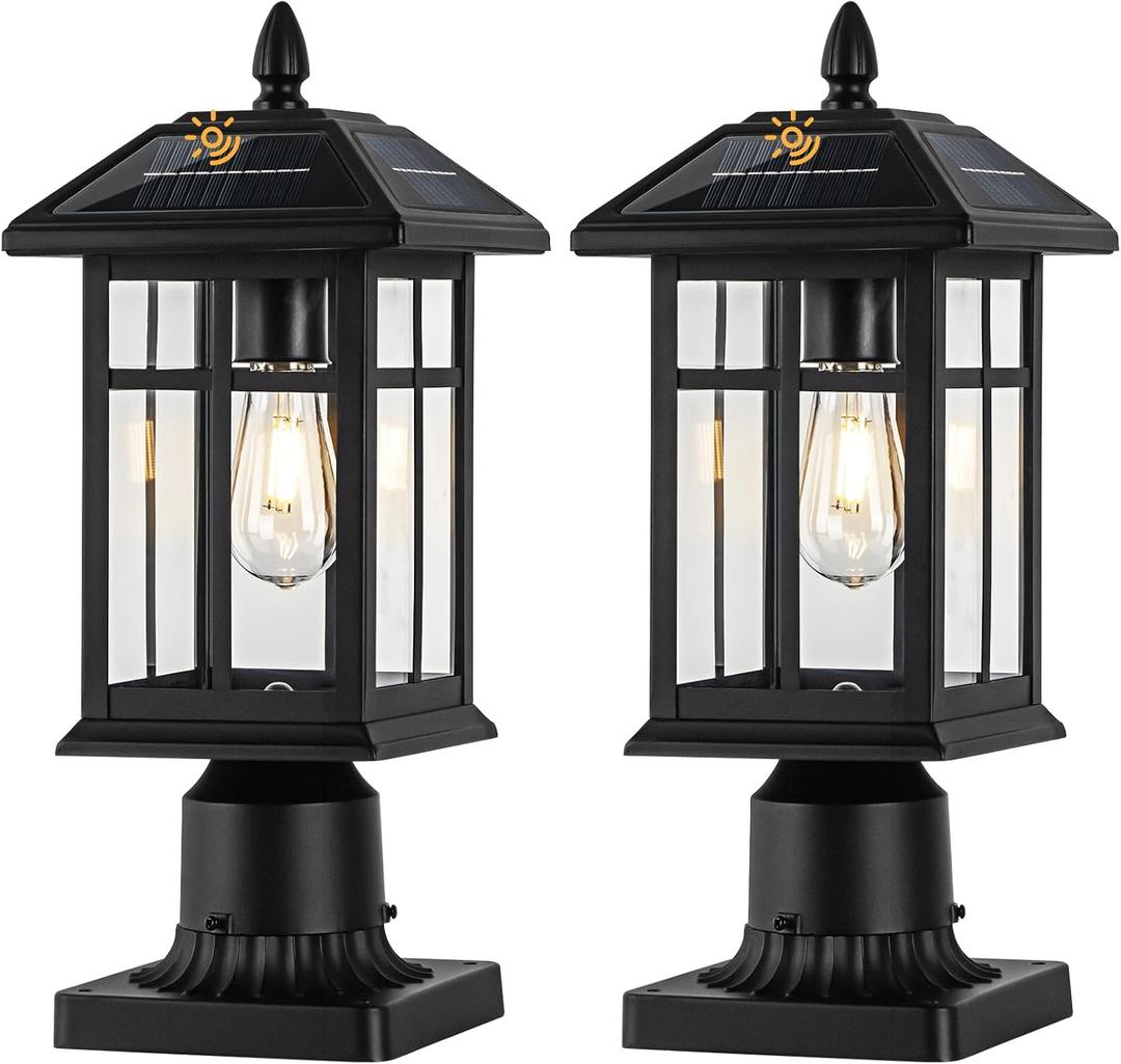 Solar Post Lights 2 Packs, Waterproof Post Lantern with Pier Mount Base, Aluminum Post Lamp Warm White Bulb Included for Yard Garden Pillar Pole Pathway (Black)