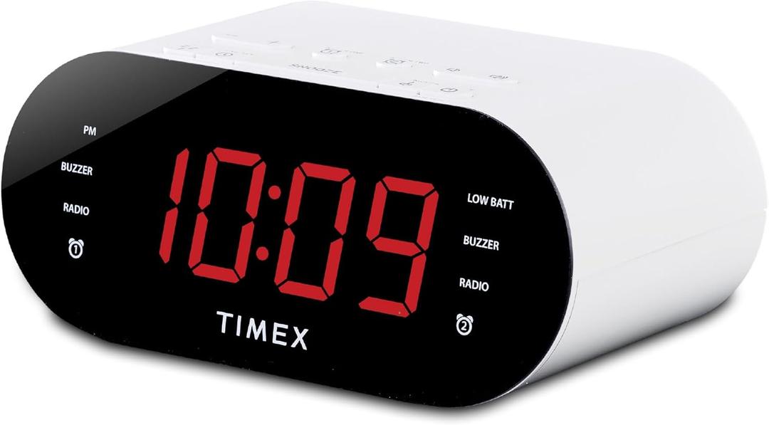 Timex Alarm Clock for Bedroom with FM Radio and 10 Station Presets, Clock Radio with USB Charger, Dual Alarms and Large Display- White