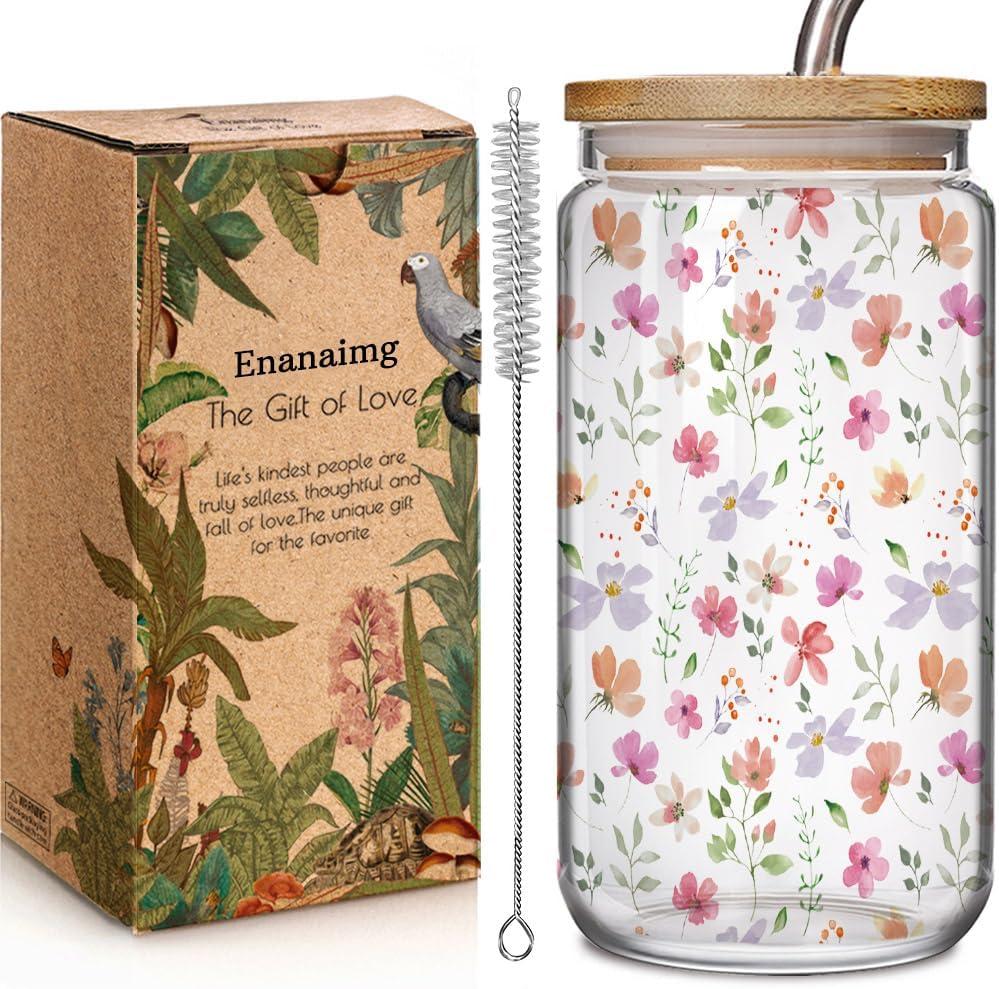 Wildflower Floral 16oz Glass Drinking Cup with Bamboo Lid Christian Gifts for Women Mother, Cute Flower Drinking Glass Gifts for Bestie Mother Birthday Bridesmaid Party