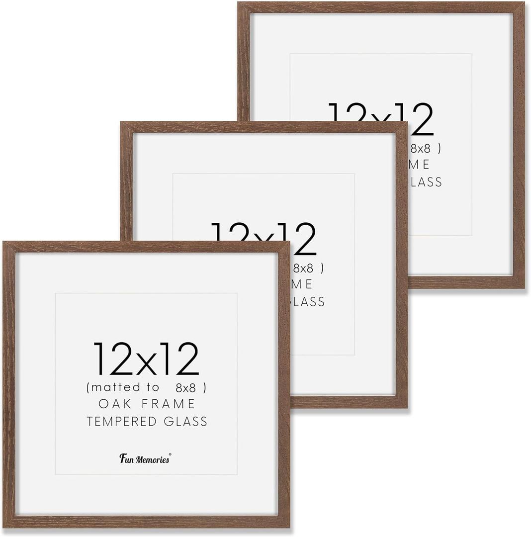 Fun Memories 12x12 Picture Frame Set of 3, Rustic Walnut Oak Wood Frame 12 x 12 with Tempered Glass, Wall Collage Frame 12 by 12