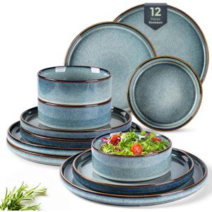 GBHOME Ceramic Dinnerware Sets for 4, 12 Pieces Stoneware Plates and Bowls Sets, Reactive Glaze Dishes -Scratch Resistant, Dishwasher&Microwave Safe (Cyaneus)