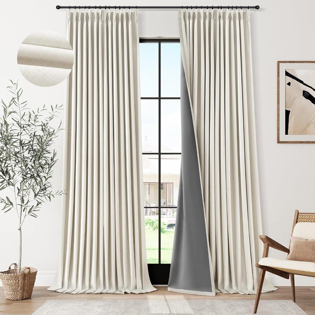 Pinch Pleated 100% Blackout Linen Curtains 102 Inches Long for Bedroom Living Room Pinch Pleat Linen Curtains Boho Farmhouse Modern Memory Trained Natural Cream Soundproof Pleated Drapes 40x102