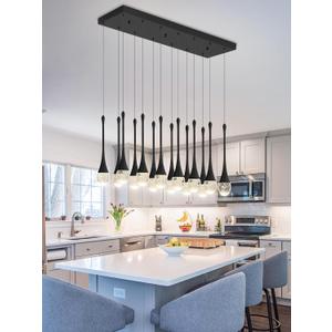 Modern Rectangular Chandelier,14 Lights Black Raindrop Chandelier Lighting,Industrial Linear Pendant Ceiling Light Fixture for Dining Living Room Kitchen Island