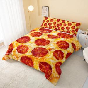 QOOMO Interesting Fast Food Theme Bedding Pepperoni 3D Quilt Set Bedroom Decoration Funny Creative Pizza Kids Comforter Set King Size 1 Comforter Set 2 Pillowcases Lightweight Fluffy Down Duvet