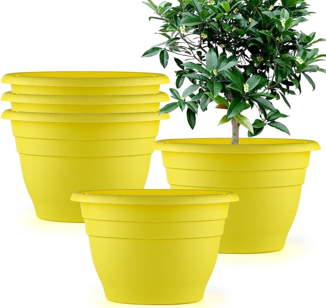 RooTrimmer 10 Inch Plant Pots Set of 5,Lightweight Plastic Planters with Drainage Holes & Plugs,Durable Plant Containers for Indoor Outdoor Houseplants,Flowers,Patio & Garden(Yellow)