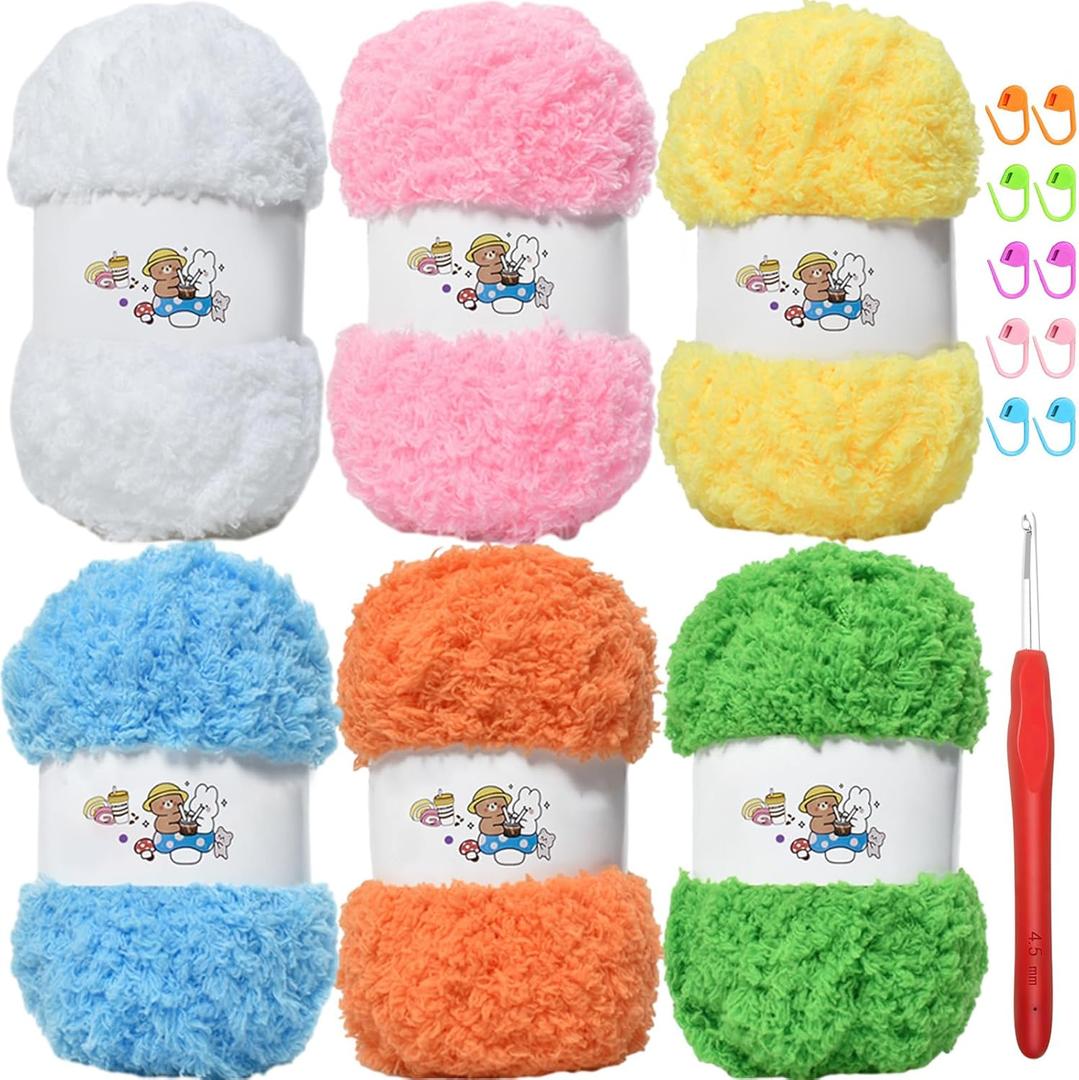 SIMEIQI 6 PCS Soft Coral Velvet Chenille Yarn for Crocheting,Fluffy Yarn for Knitting and Crochet DIY Craft,Warm Crochet for Bag Hat Scarve Gloves Slippers Dolls MulticolorA