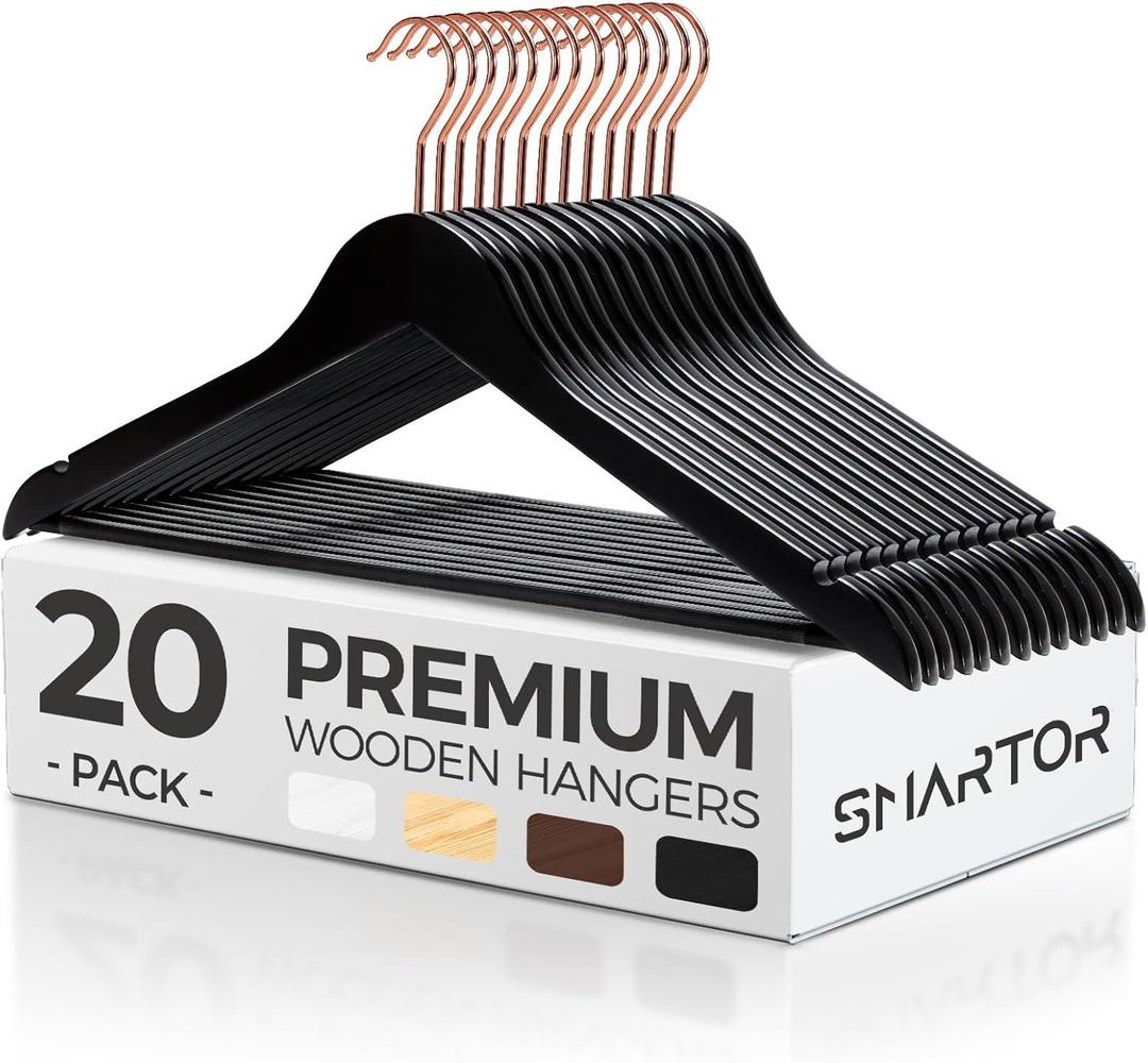 Smartor Wooden Hangers 20 Pack, Solid Wood Coat Hanger for Closet, Heavy Duty Wood Hangers for Suits, Shirts, Dresses, with 360 Rose Gold Hook, Non Slip Pant Bar, Black