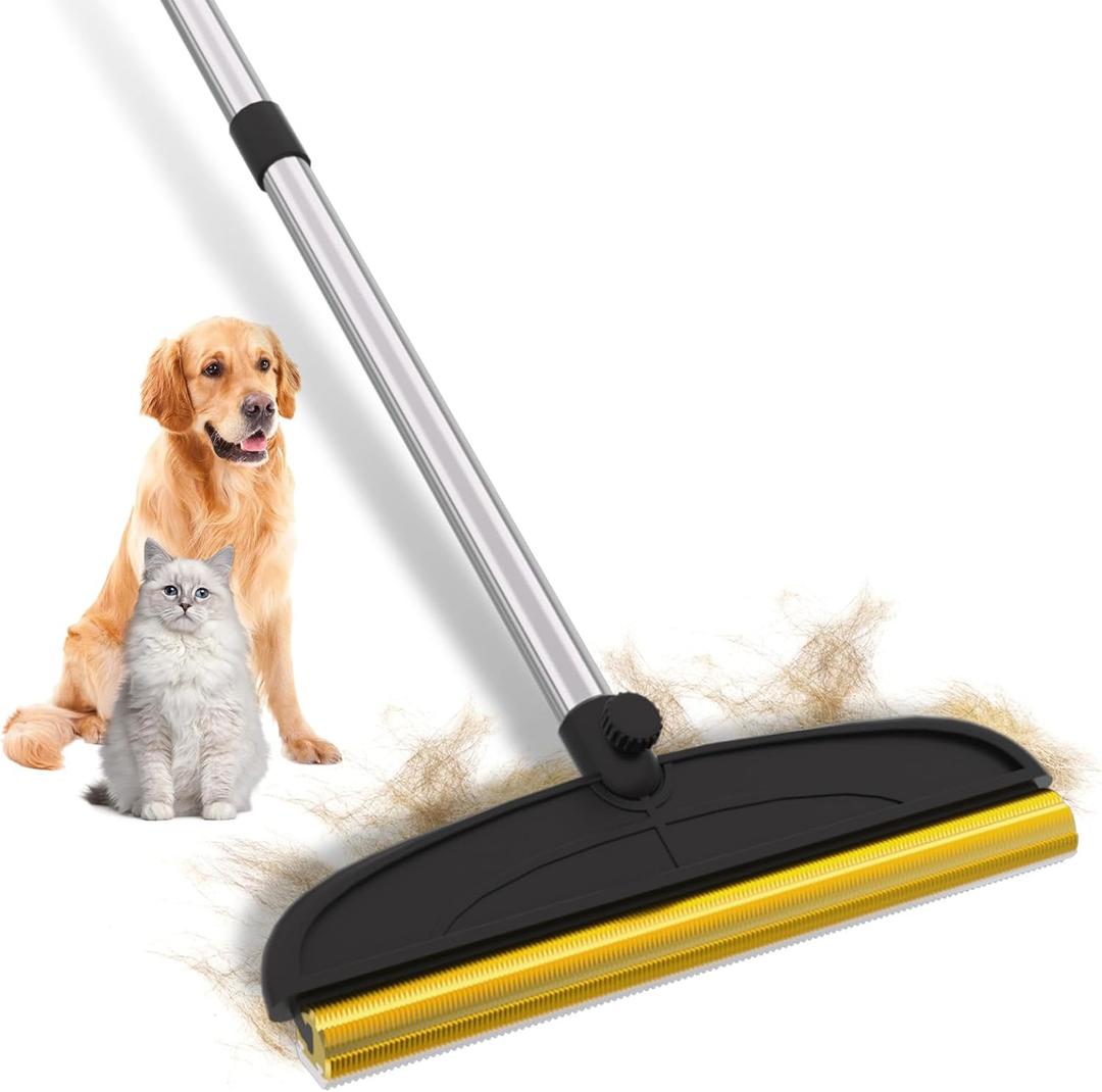 BALORAY Carpet Rake for Pet Hair Removal: 60" Adjustable Long Handle Pet Hair Removel Tool, 2 in 1 TPU and Copper Pet Hair Remover Broom, Reusable Cat Dog Hair Remover Carpet Scraper (Black)