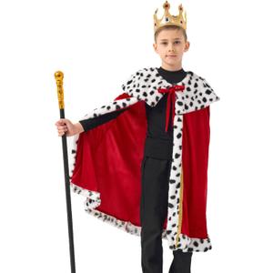 King Costume For Boys Red Royal Kings Cloak with Crown And Scepter Set Luxurious Velvet Cape with Faux Fur Trim