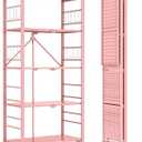 Himix Storage Shelves with 20 Hooks, 5-Tier Foldable Shelves for Storage, Folding Shelf Unit Pantry Shelves with Wheels, Standing Shelving Unit for Kitchen Garage Home Office Room Greenhouse, Pink