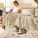 L'AGRATY Faux Rabbit Fur Blanket: 50" x 60" Luxury Soft Fluffy Thick Fur Throw Blanket for Couch Bed Sofa - Cozy Plush Bubble Blankets for Winter: Warm Flannel Fleece Decorative Blanket(Almond White)