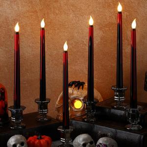 6 Pcs Halloween Flameless Taper Candles 11 Inch Long Red Black Battery Operated LED Bloody Candles Haunted Table Centerpiece for Holiday Party Table Decor