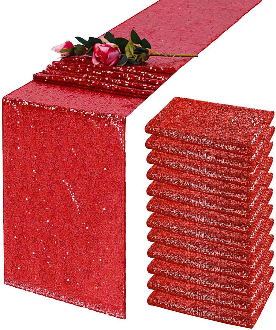 Red Sequin Table Runner 12" x 72" 12Pack Metallic Glitter Table Runner for Wedding Christmas Birthday Party Thanksgiving Baby Shower