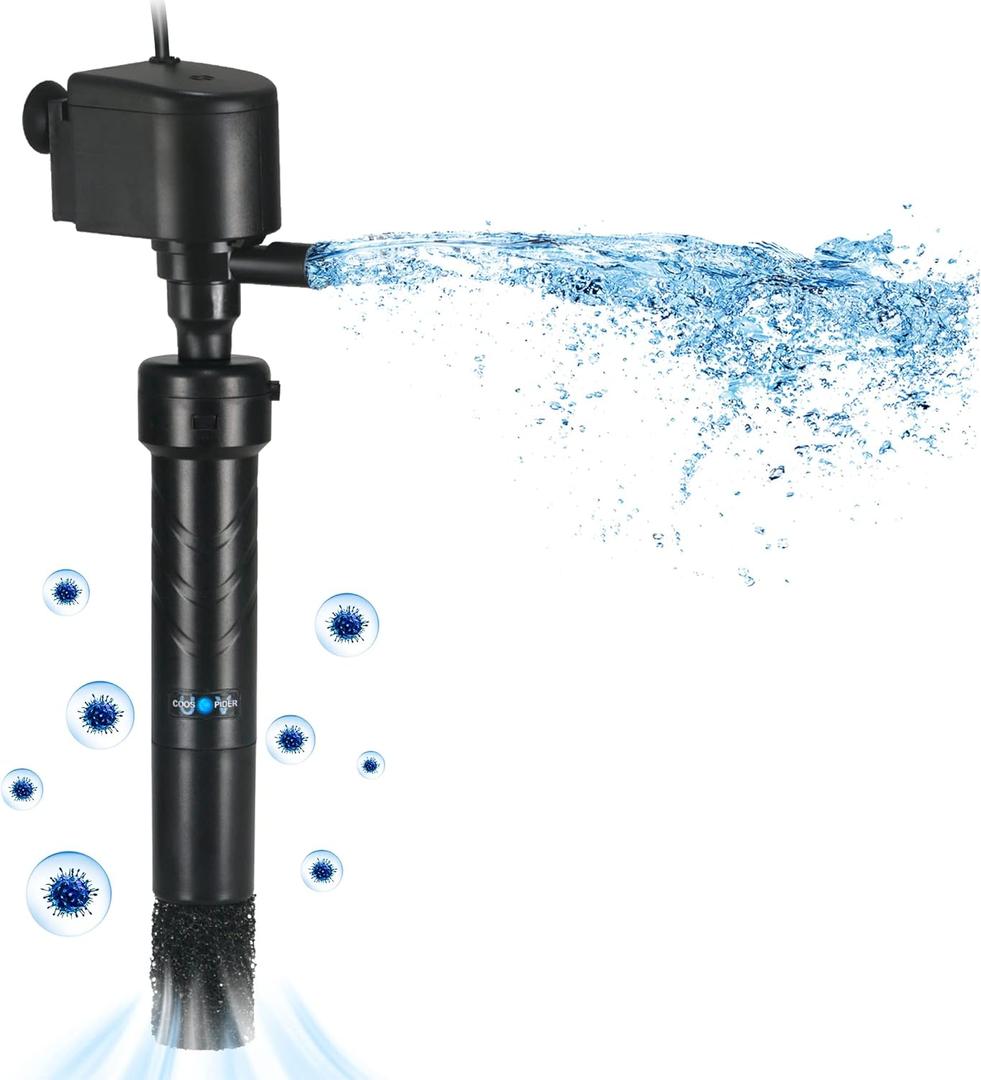 COOSPIDER Aquarium U-V Filter Green Clean Machine for 40-100 Gallon Fish Tank Crystal Clear 300GPH Submersible Water Pump Air Supply Wave Maker Green Killing (Black)