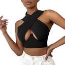 Sexy Women's Cut Out Crisscross Wrap Crop Top Halter Solid Vest Cami Tank Tops (XX-Large, Black)