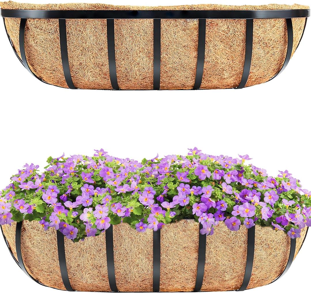 HFHOME 2 Pcs 24" Window Box Deck Railing Planter with Horse Trough Coco Liners, Black Metal Hanging Flower Planters Baskets for Indoor, Outdoor, Balcony, Porch, Fence, Patio, and Lawn