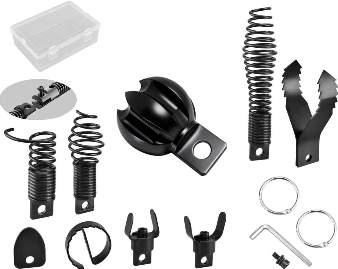8+1 Heavy Duty Drain Snake Kit 6-Blade Grease Cutter + 8-Piece Clog Remover Set  Rustproof Manganese Steel & CNC Machined  Fits 3/8" to 3/4" Cables