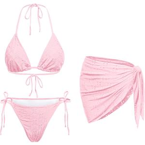 Women 3 Piece Swimsuits - Sexy Triangle Bikini Sets with Cover Up Halter String Tie Side Bathing Suits (Small, Light Pink)