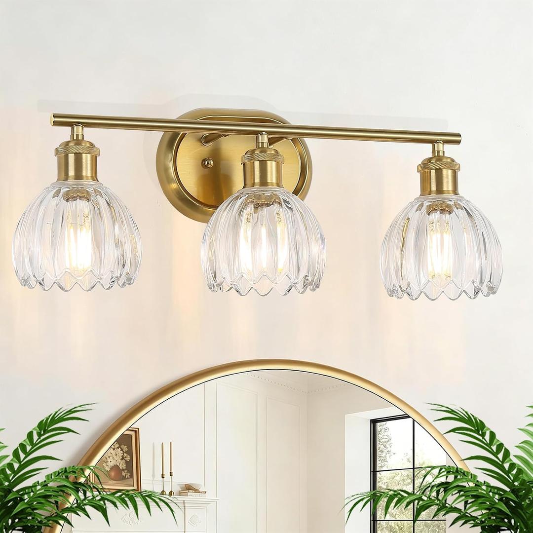 3-Light Bathroom Light Fixtures, Gold Vanity Lights for Bathroom with Ribbed Clear Tulip Glass Shade, Brass Vintage Wall Scone Lighting Over Mirror for Farmhouse,Bedroom,Living Room,Hallway