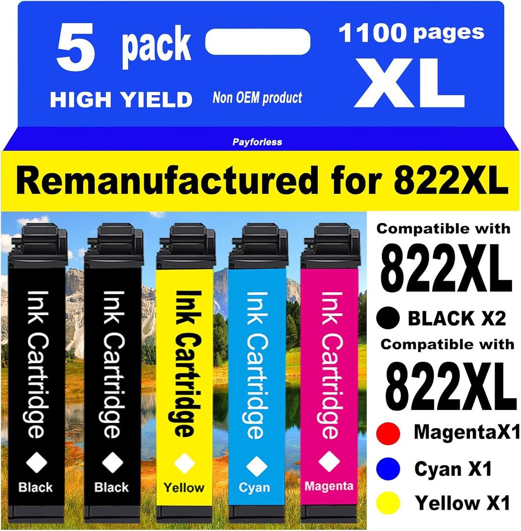 PayForLess for 822XL Remanufactured for Epson 822XL Ink Cartridges for 822 XL T822 Workforce Pro WF-3820 WF-3823 WF-4820 WF-4830 WF-4833 WF-4834 Printer 2 Black 1 Cyan 1 Magenta 1 Yellow 5 Pack