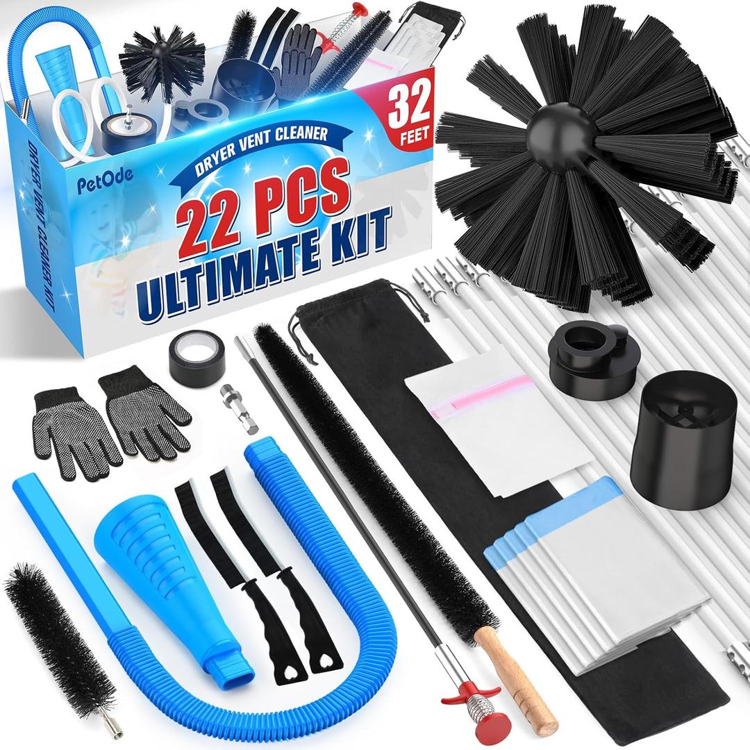 22-Piece 32-Feet Dryer Vent Cleaner Kit, Dryer Vent Cleaning Kit Lint Remover with Dryer Vent Brush, Vacuum Hose Attachment Cleaning Tools, Flexible Lint Trap Brush, Vacuum & Dryer Adapters